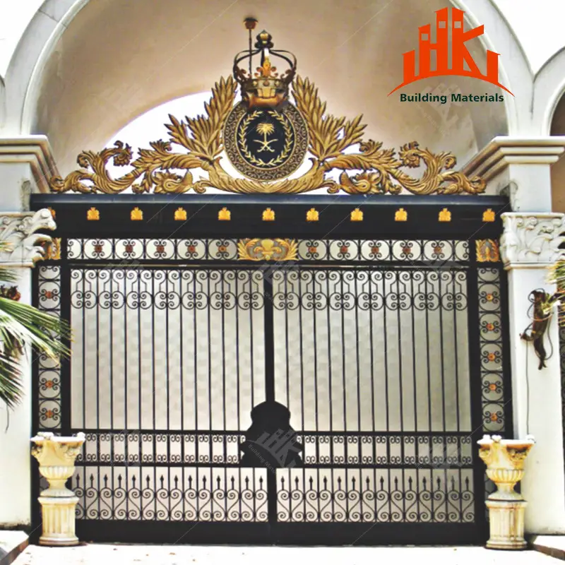A grand, ornate black and gold gate featuring a royal emblem and crown.