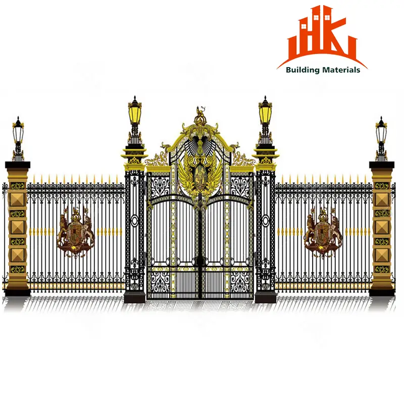 Ornate black and gold double gate with central emblem and lamps
