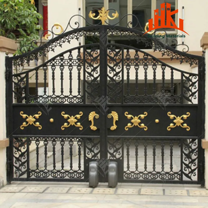 Ornate black and gold double-swing metal gate with scrollwork and seahorse accents
