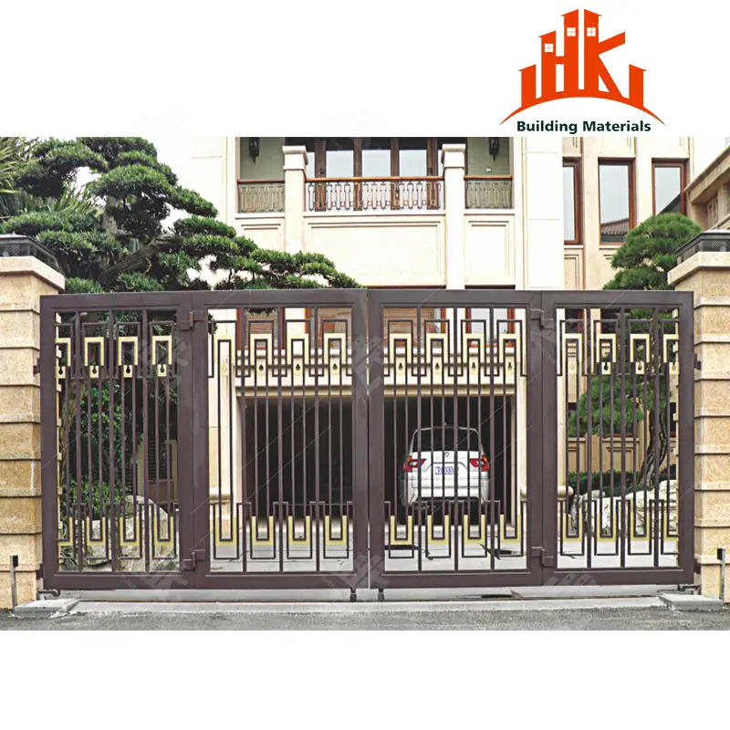 Modern dark metal sliding gate with geometric gold accents installed at a luxury home entrance.