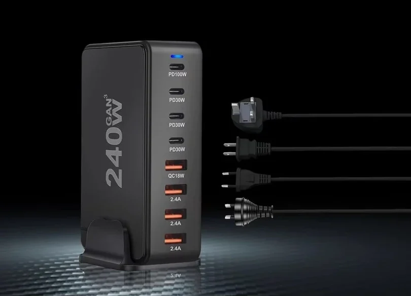 LEVA 240W GaN desktop charger with eight ports and interchangeable plugs