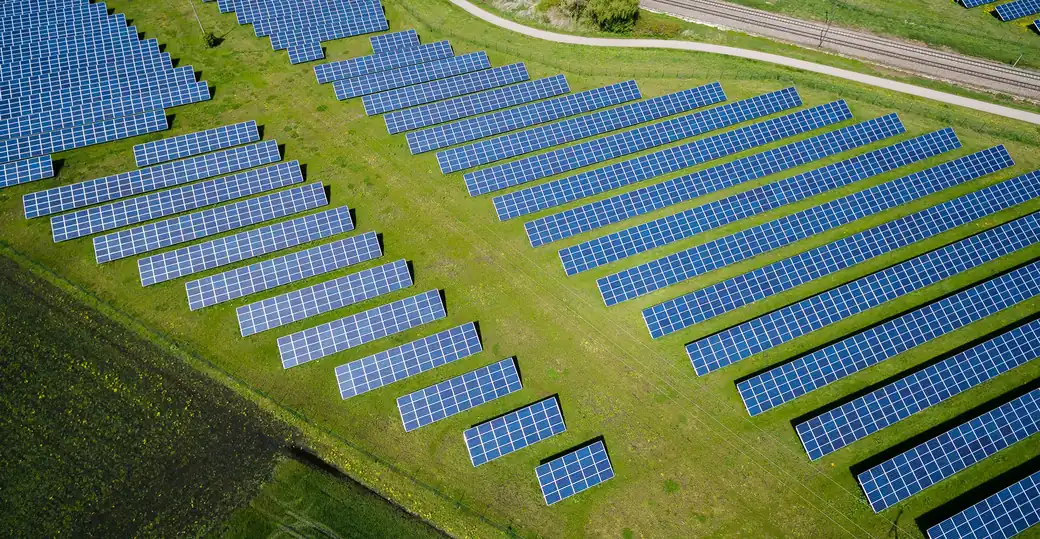 Aerial view of a large ground-mounted solar farm