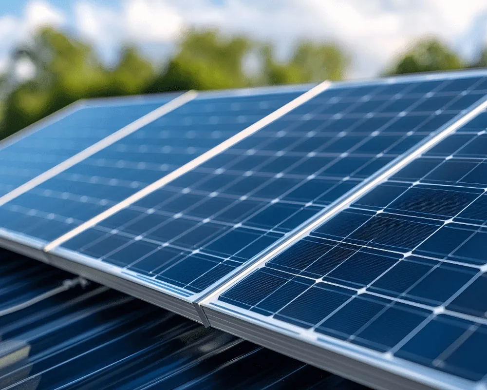 Row of framed crystalline silicon PV modules under a clear sky