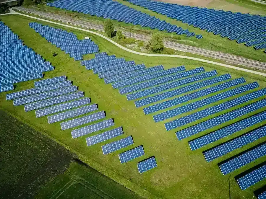 Aerial view of a ground-mounted utility-scale solar plant