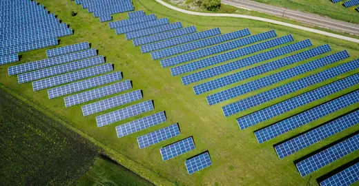 Aerial view of a large ground-mounted solar farm