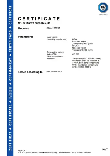 TÜV certificate for Hondol HEVA encapsulant film