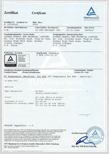 TÜV Rheinland certificate for Hondol backsheet material