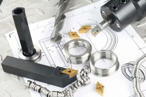 Cutting tools and inserts next to a customer drawing