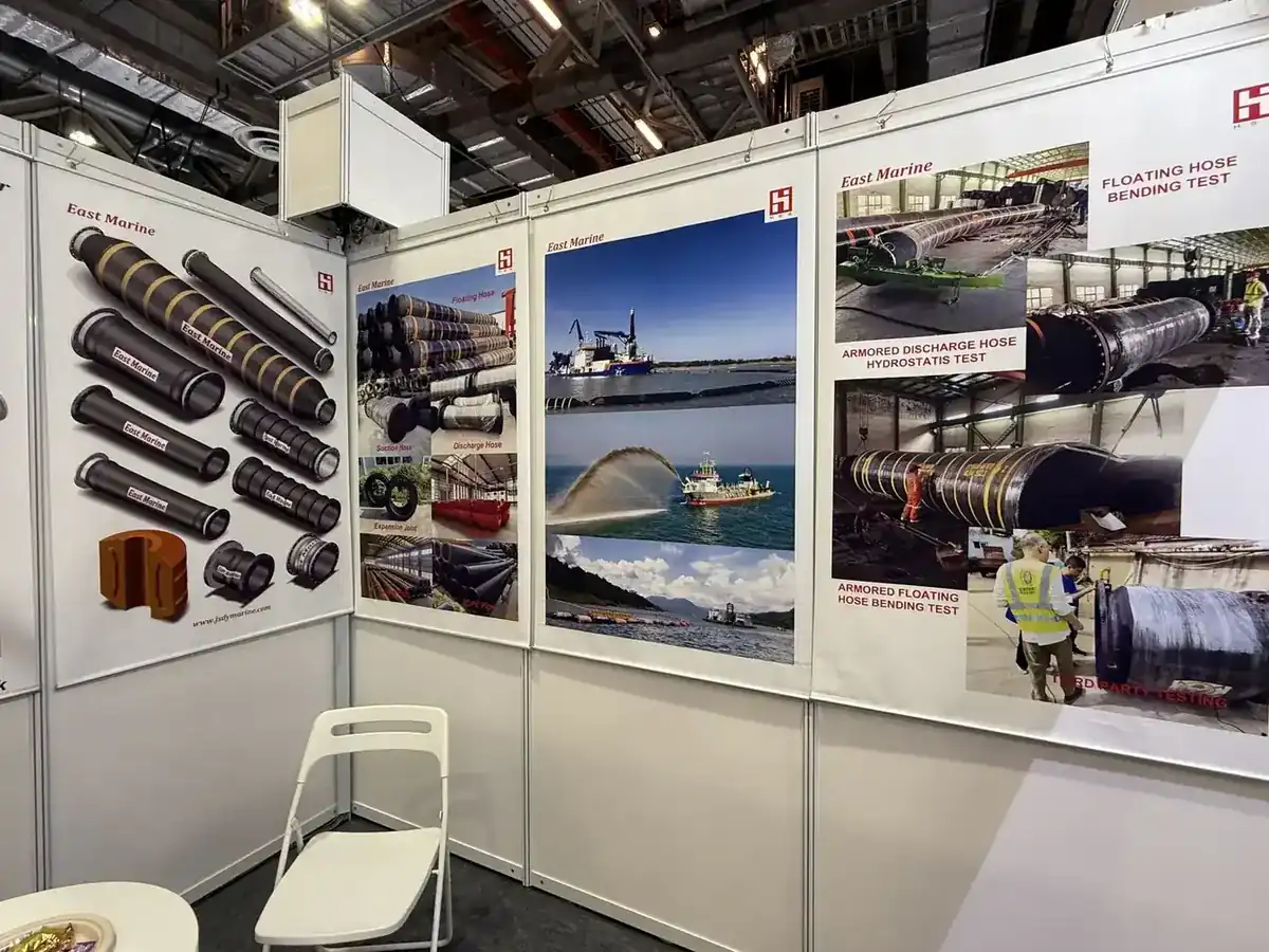 East Marine exhibition stand showing floating hose, suction hose, discharge hose and PE float product photography