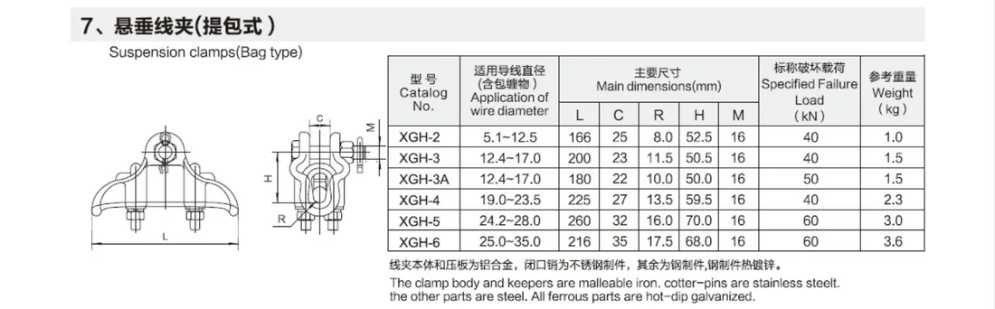 Bag Type Suspension Clamps dimension drawing