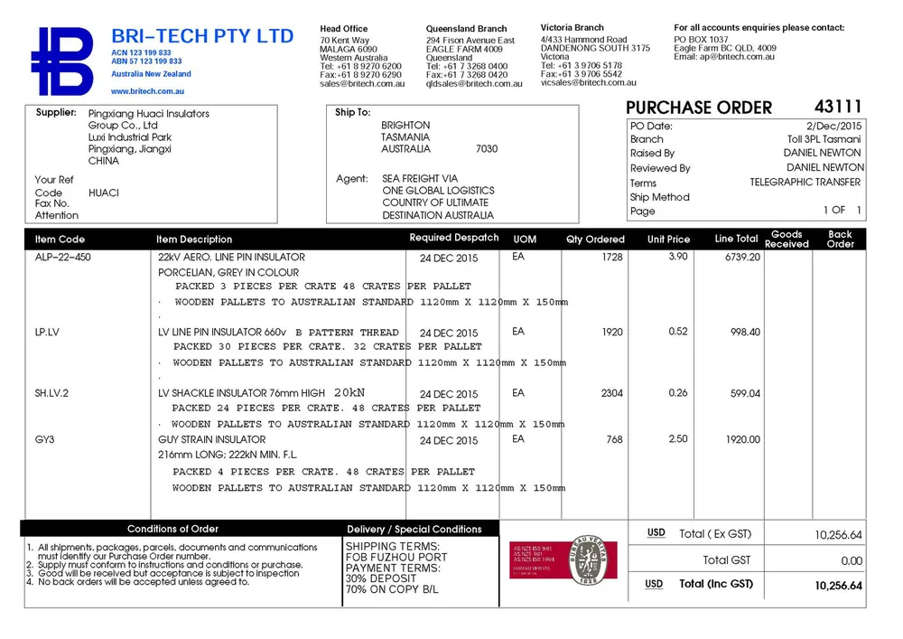 Australia - Bri-Tech Pty Ltd contract
