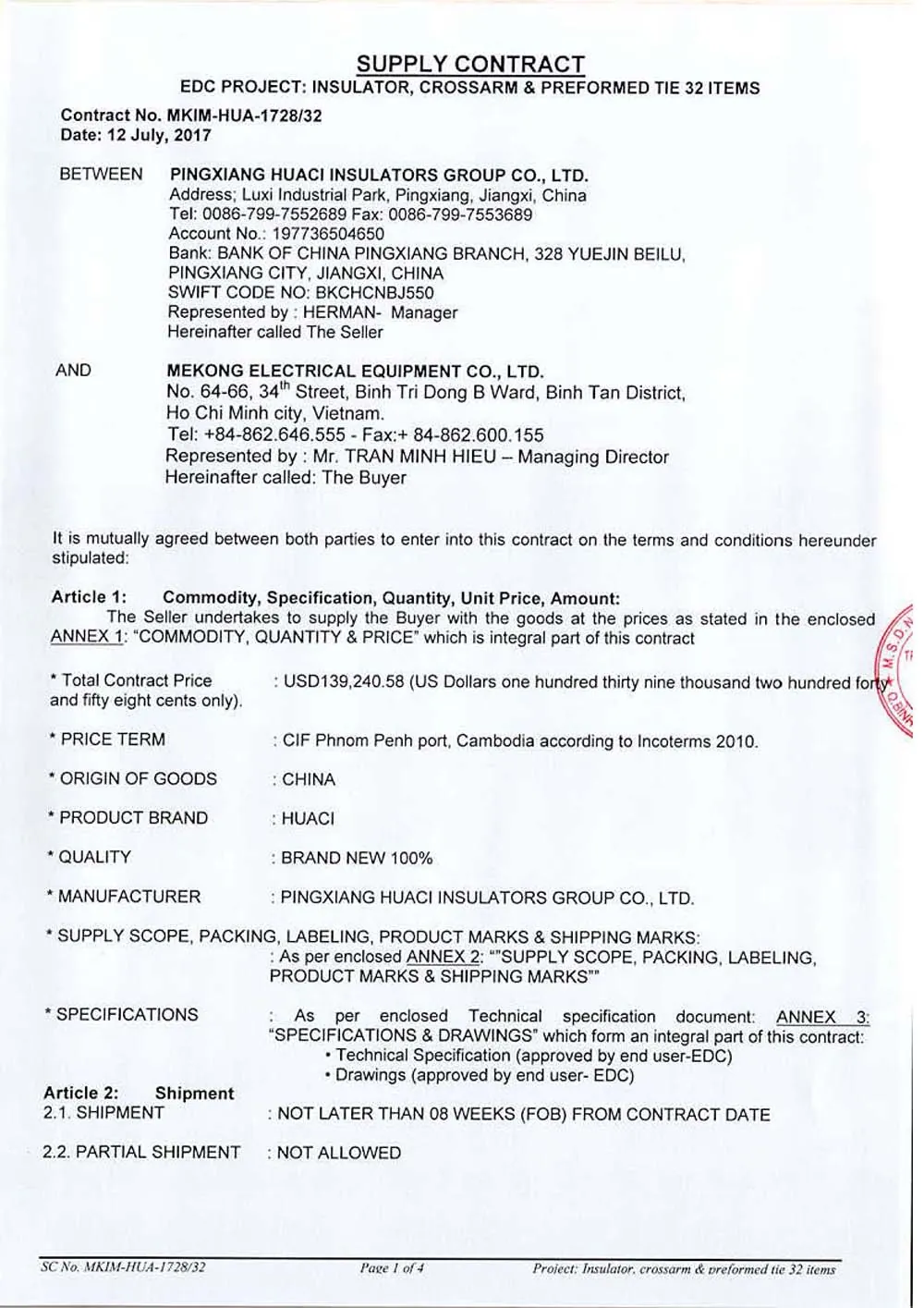 Viet Nam - Mekong Electrical Equipment Company contract