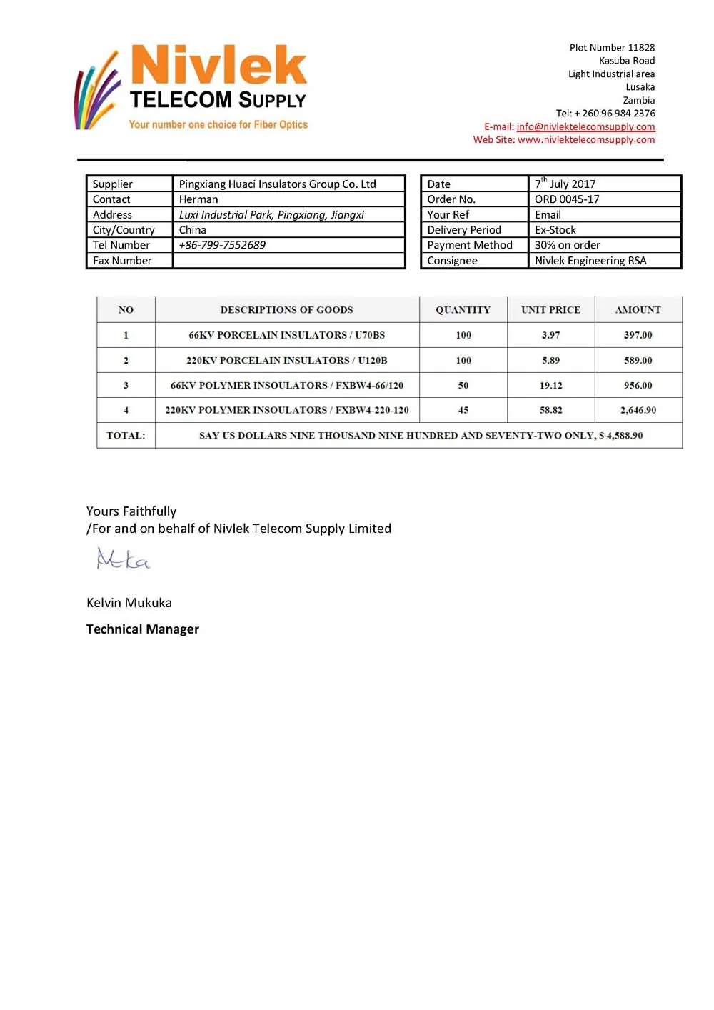 South Africa - Nivlek Telecom Supply Limited contract