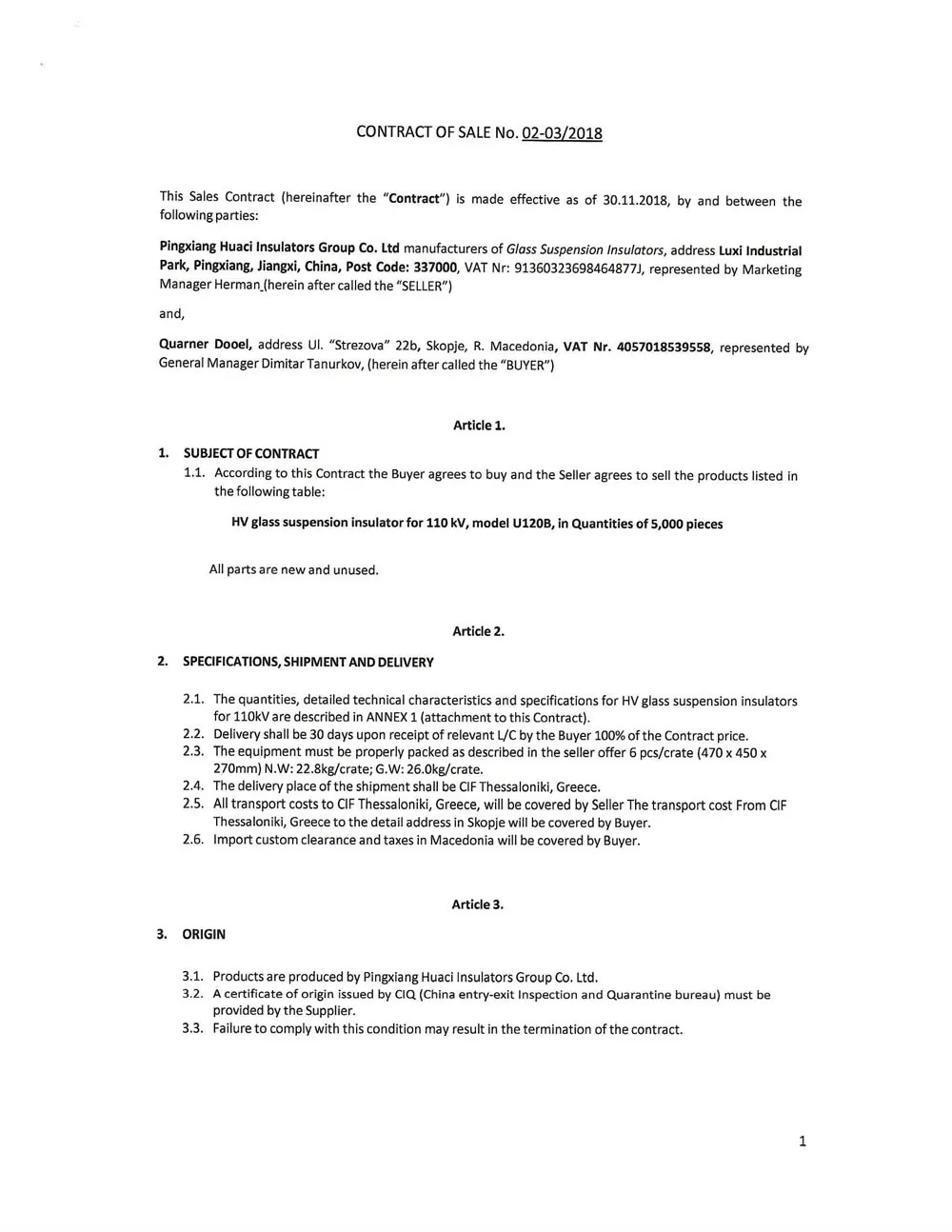 Macedonia - Quarner Dooel contract