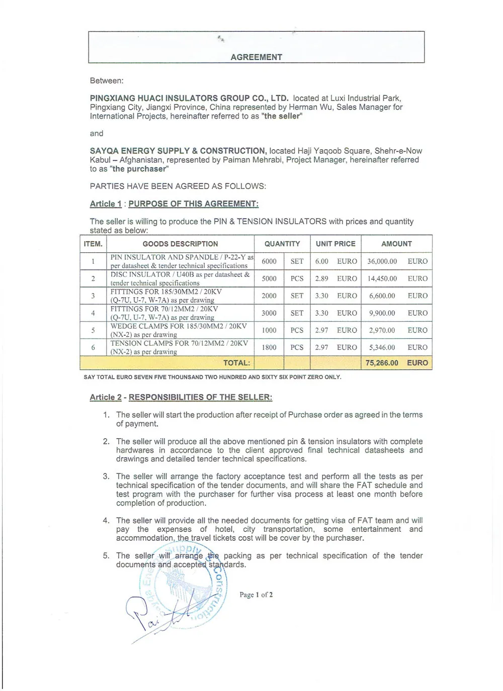 Afghanistan - Sayqa Energy Supply and Construction Co. contract