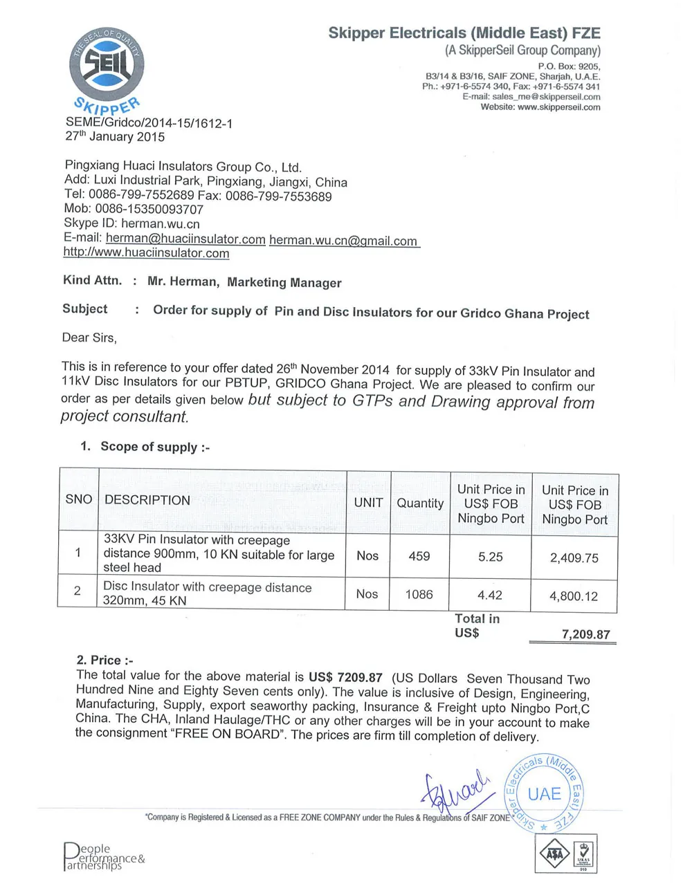 United Arab Emirates - Skipper Electricals (Middle East) FZE contract