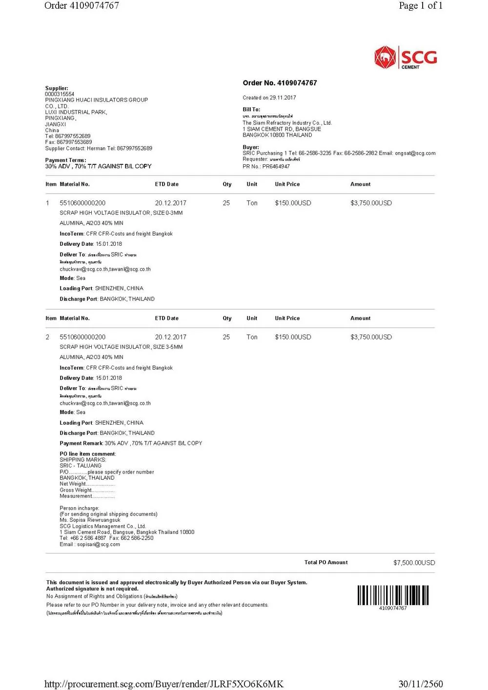 Thailand - The Siam Refractory Industry Co., Ltd contract