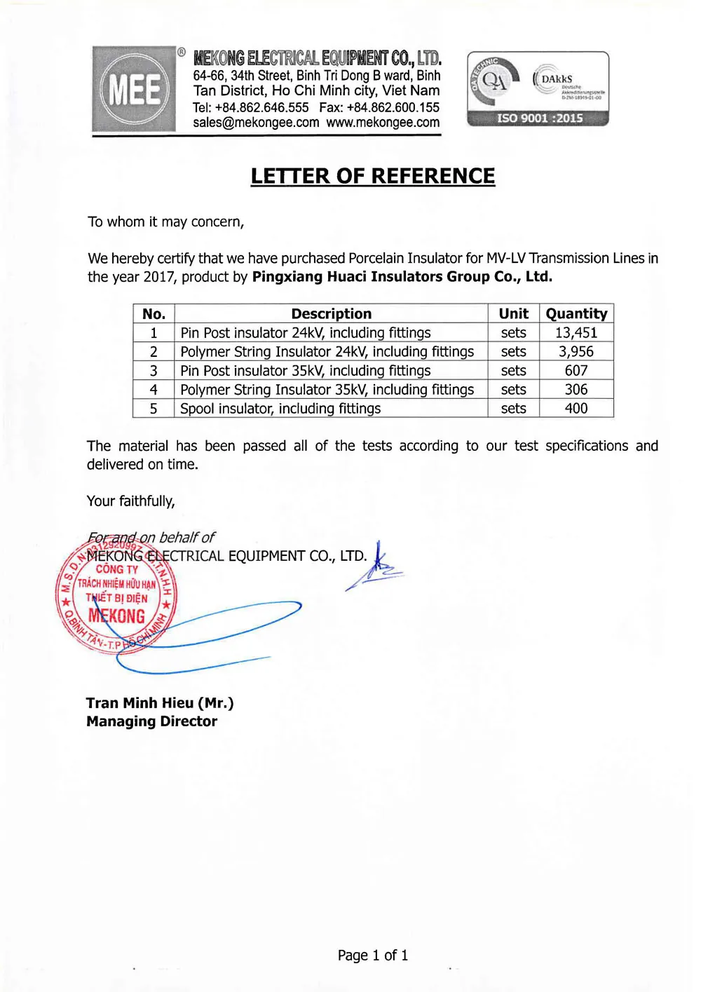 Viet Nam - Mekong Electrical Equipment Company reference