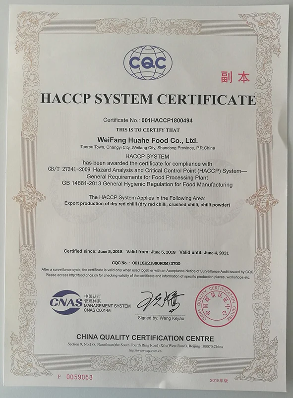HACCP system certificate issued to Weifang Huahe Food Co., Ltd