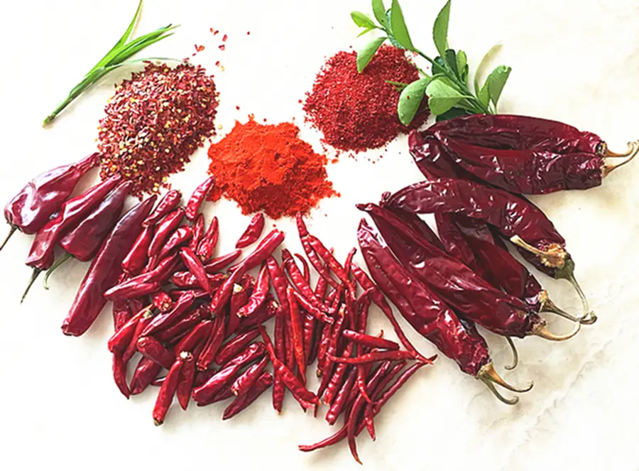 Dried chili pods and ground chili powder