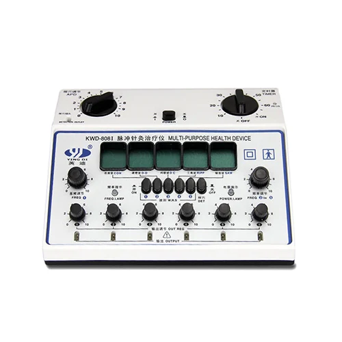 Yingdi KWD-808I electronic acupuncture stimulator showing front control dials, illuminated wave displays, and output terminals