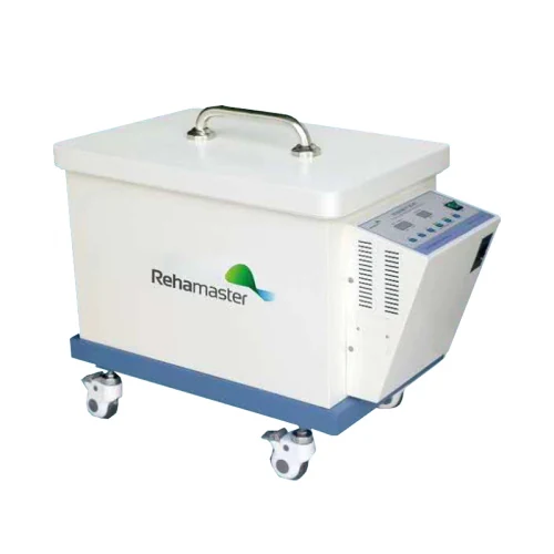 Huayan Medical RHL-I wax therapy device showing mobile cabinet with rubber casters and control interface