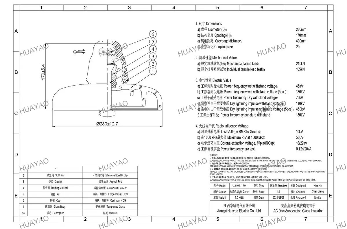 Dimensional drawing of U210BL 210kN UHV AC Suspension Glass Insulator