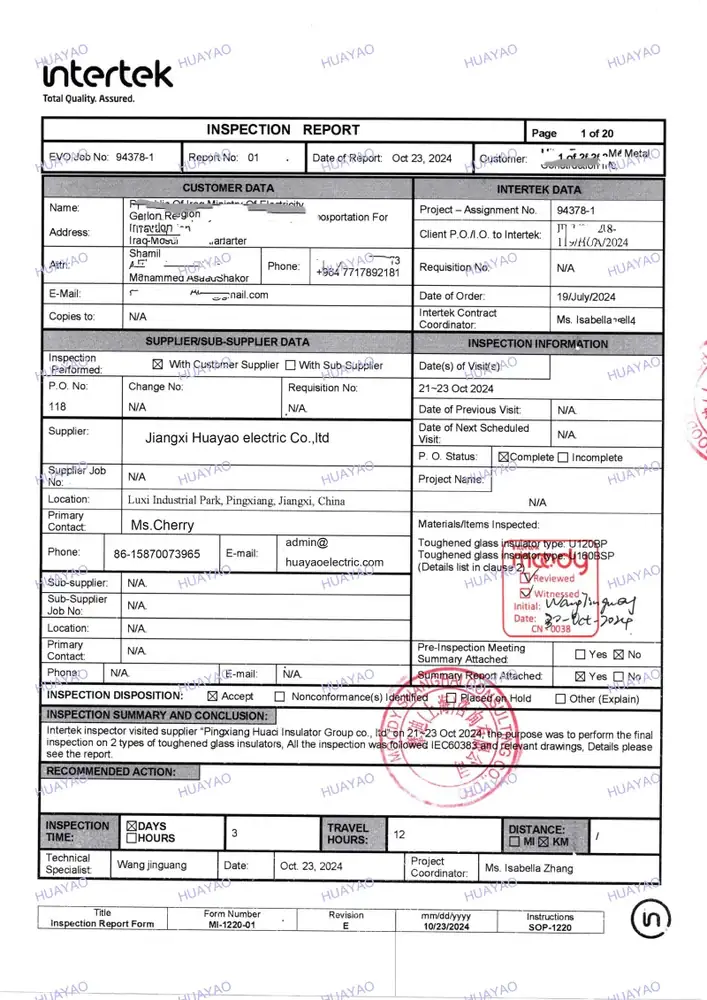 Huayao inspection report and certificate issued by an accredited testing body