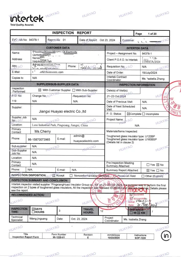 Huayao inspection report and certificate issued by an accredited testing body