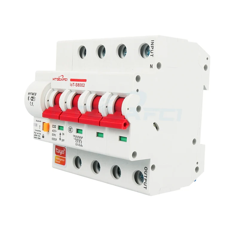 4P Tuya smart WiFi circuit breaker on DIN rail front view