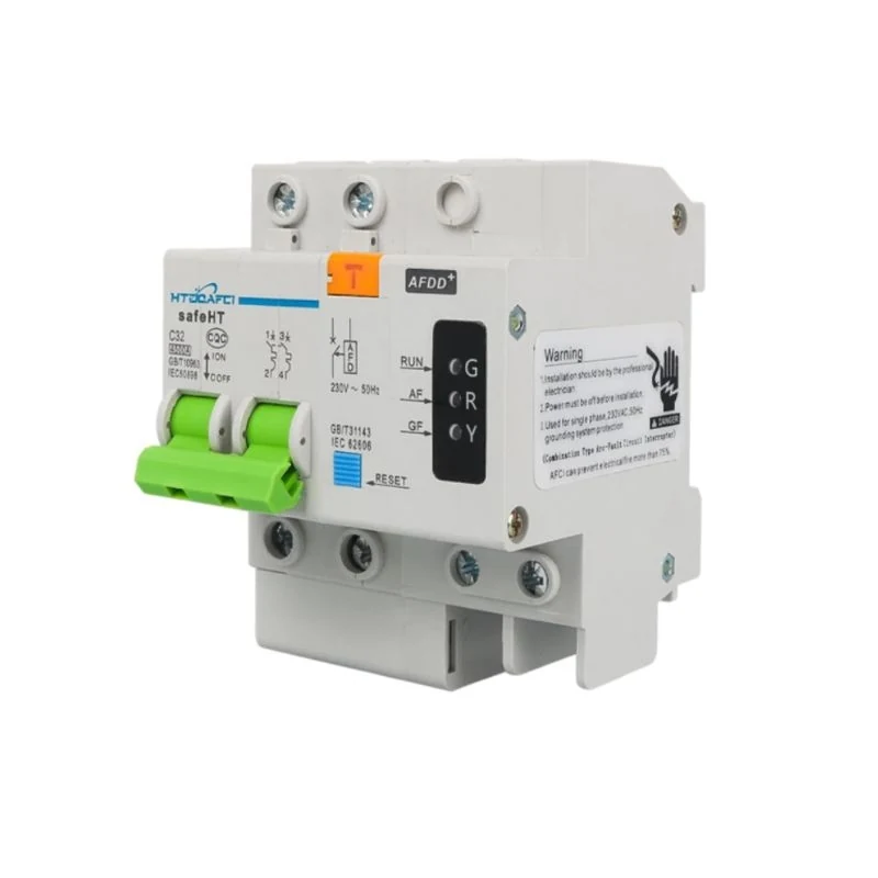 AFDD(AFCI)63A 4.5KA arc fault circuit breaker on DIN rail front view