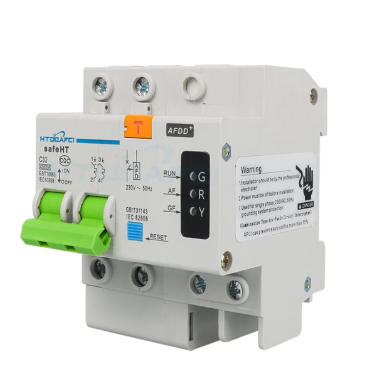 Close-up of arc fault circuit breaker terminals and mounting clips