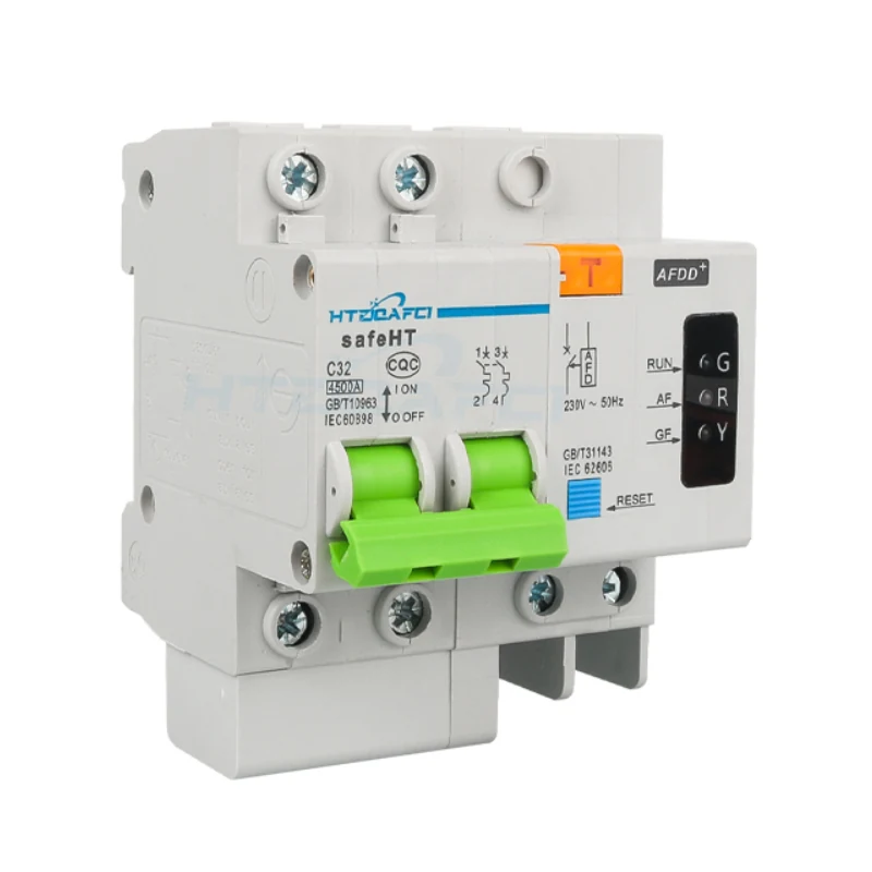 AFDD installed in a distribution board with labeled terminals