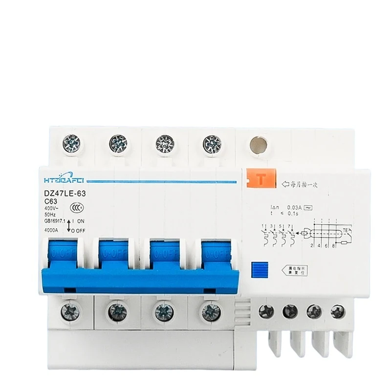 DZ47LE-63 ELCB on DIN rail front view showing terminals and pole configuration