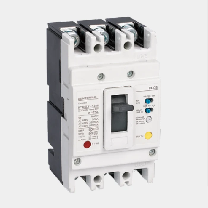 Four-pole earth leakage MCCB showing terminals and manual handle