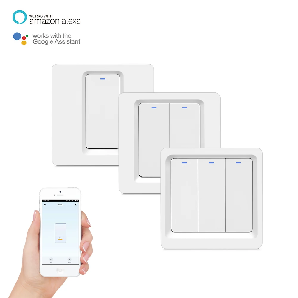 Double-way smart wall switch DS-102 showing terminal connections and toggle handles