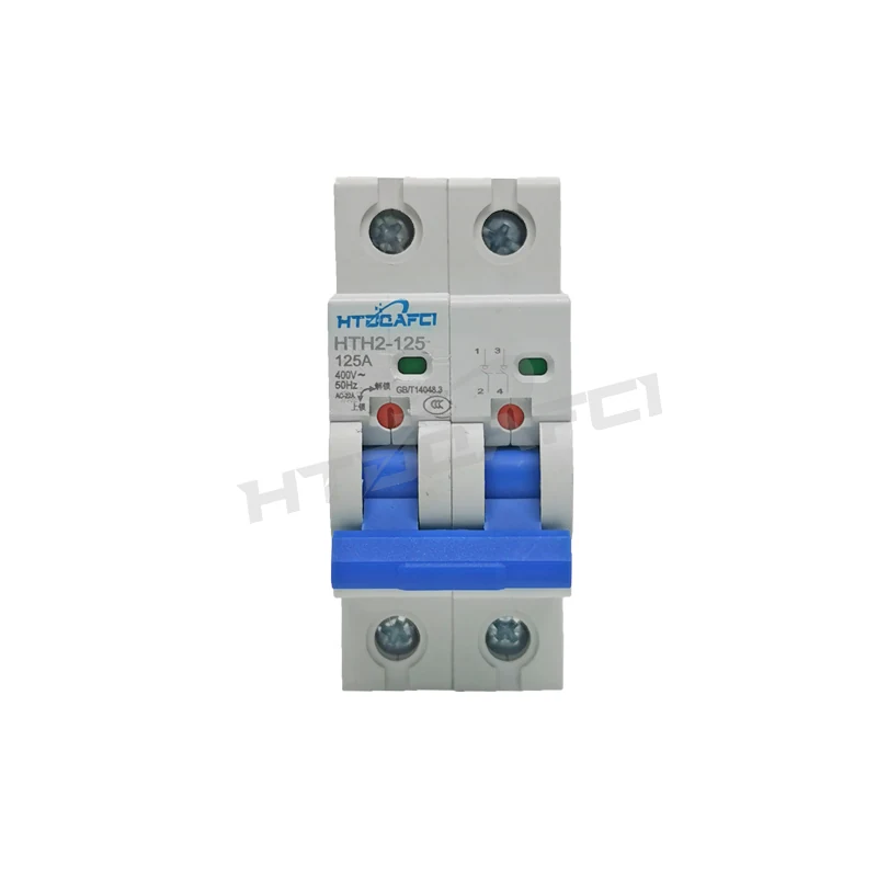 HTH2-125 2P disconnector circuit breaker showing toggle handle and terminals