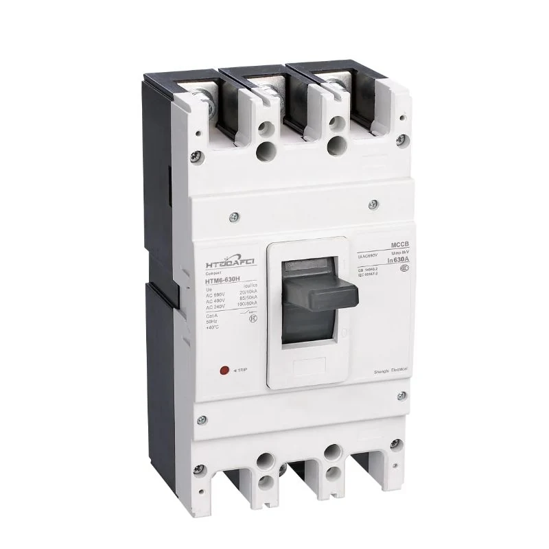 HTM6 series MCCB showing top and bottom wiring terminals and toggle handle