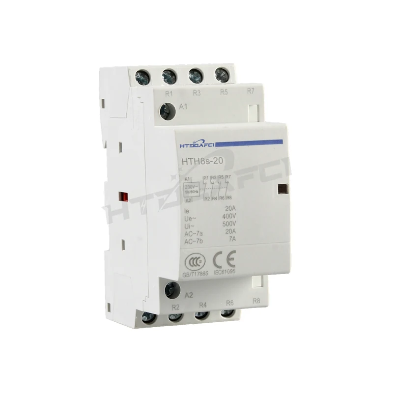 Miniature electromagnetic contactor on DIN rail front view with coil terminals visible