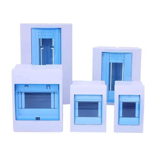 Plastic MCB distribution box with 2-4 ways, front view showing push-button switch and circuit chart