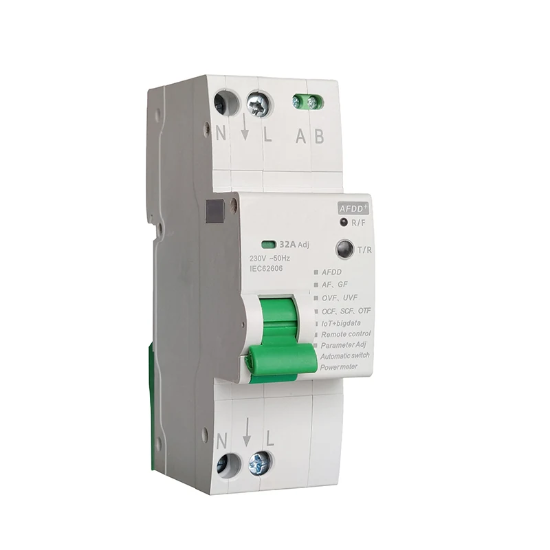 Safe IoT AFDD device on DIN rail front view, showing LED indicator and terminals