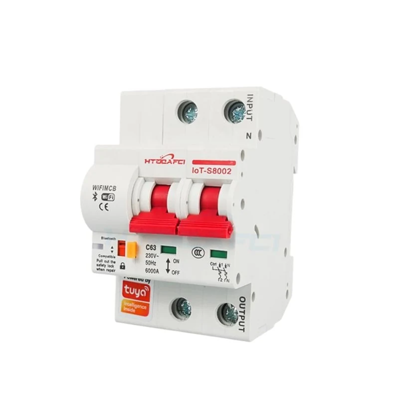 2P Tuya smart WiFi circuit breaker on DIN rail front view