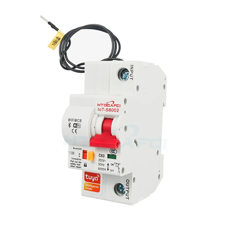 1P Tuya smart WiFi circuit breaker on DIN rail front view