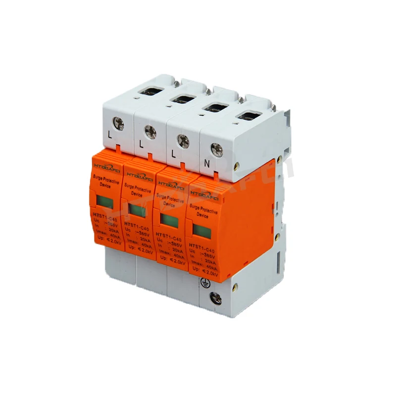 Htst1-c series 4P surge protector on 35mm DIN rail front view