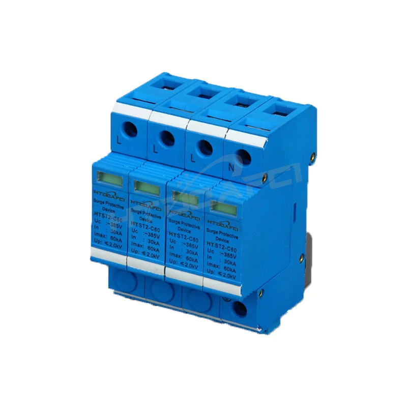 4P surge protector with blue housing and angled view showing terminals and visual indicator