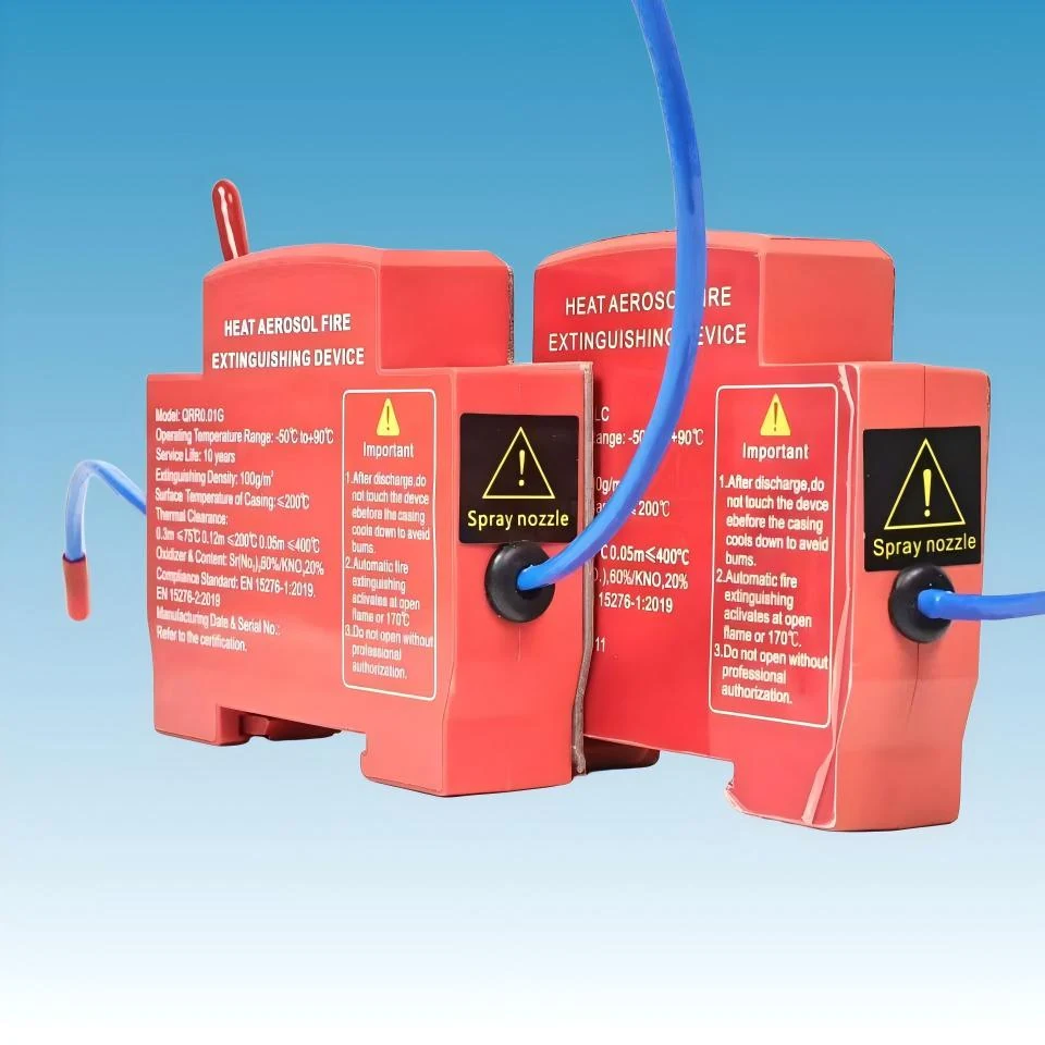 Thermal actuated condensed aerosol fire suppression device mounted on DIN rail inside an electrical cabinet