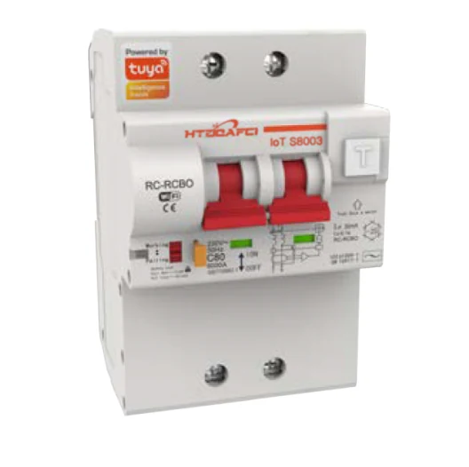 Tuya WiFi residual current operated circuit breaker on DIN rail front view