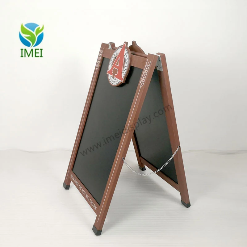 Close-up of the printed brand panel on a wooden A-frame chalkboard