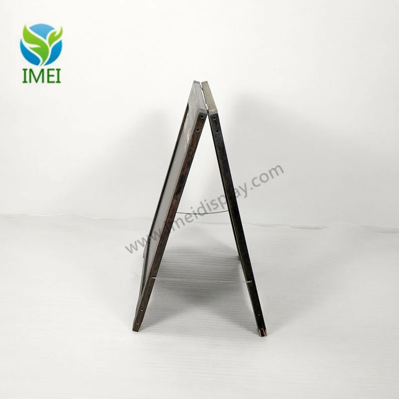 Wooden A-frame chalkboard shown from the side with the hinge open