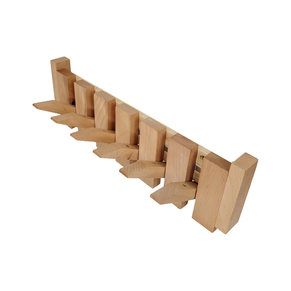 Wall-mounted clothes rack with five flip hooks made from beveled pine wood dowels